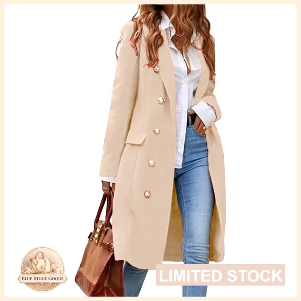 Long Wool Pea Coat Classic Double Breasted Trench Style Knee Length Chic